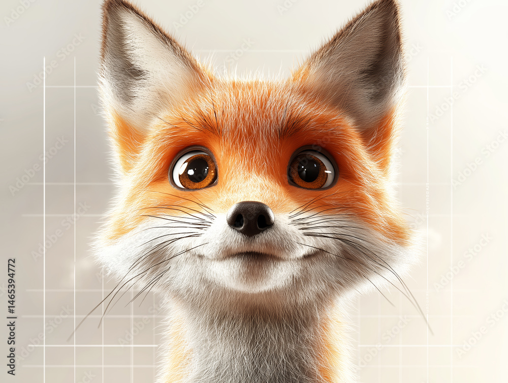 Obraz premium Cute cartoon fox with wide eyes and fluffy fur smiling in a bright stylized setting.