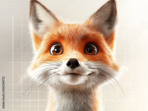 Cute cartoon fox with wide eyes and fluffy fur smiling in a bright stylized setting.