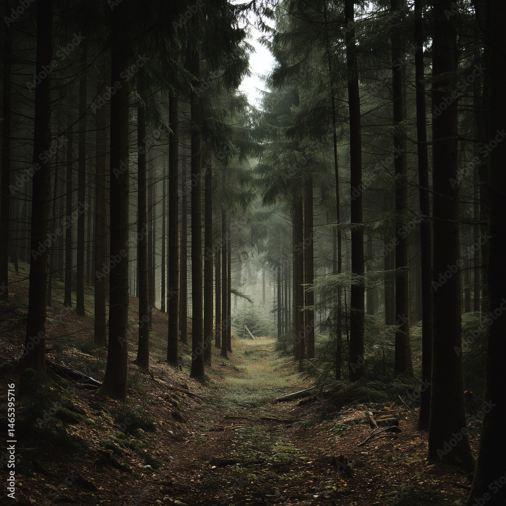 Naklejka premium Misty forest landscape with rays of sunlight through trees, magical and calm morning scene with deep atmospheric light in nature