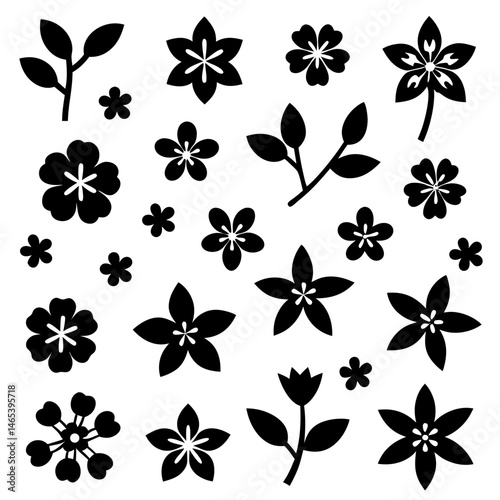 A 4x5 grid of 20 cherry blossom icons in various shades and styles, including single flowers, blooming branches, and buds, with some featuring  leaves, all set against a white background