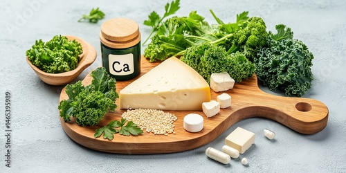 Photo of a high-angle shot featuring calcium-rich foods â€“ a wooden board with cheese slices, tofu, kale, and sesame seeds, a calcium supplement bottle labeled 