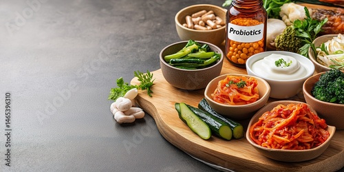 Photo of a neatly arranged wooden board featuring probiotic-rich foods kimchi, miso paste, yogurt, and pickled vegetables, with a bottle of probiotic supplements labeled 