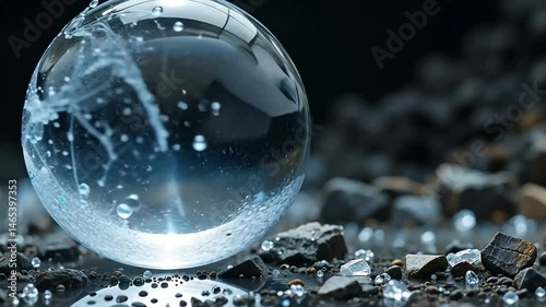 There is a glass ball with water on top of a table 