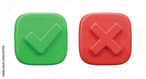 3D Green Checkmark and Red Cross Icons - Vector Illustration