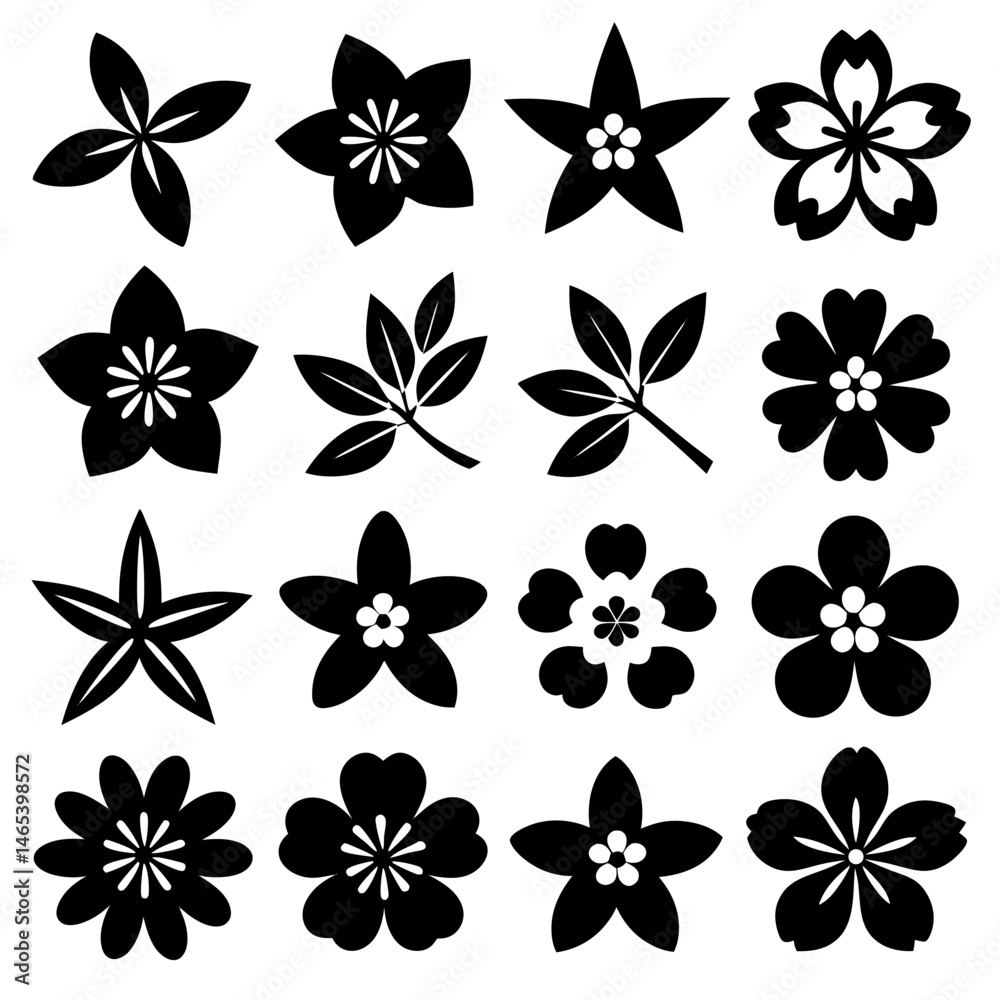 A 4x5 grid of 20 cherry blossom icons in various shades and styles, including single flowers, blooming branches, and buds, with some featuring  leaves, all set against a white background