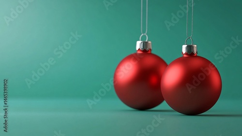 Two red christmas baubles hanging on a green background
