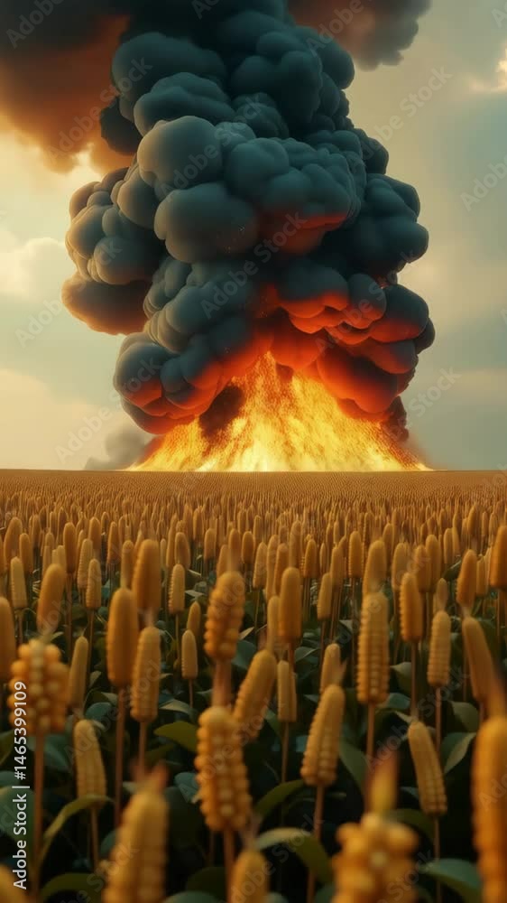 Farm fields ignite in flames due to escalating conflicts and tariffs, showcasing the severe impact of trade wars on agriculture