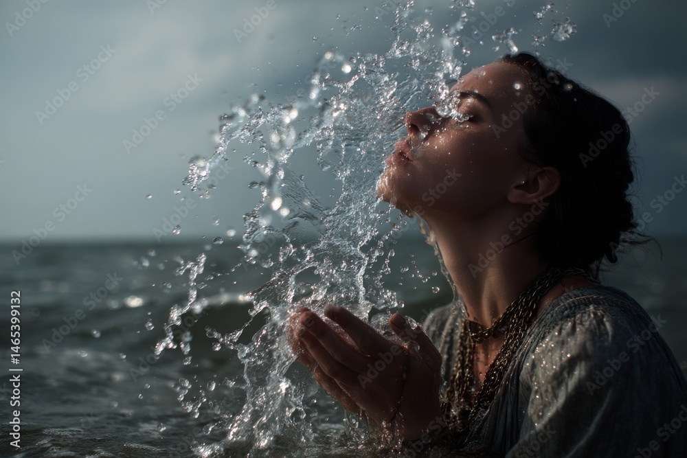 Fototapeta premium Woman enjoying a refreshing splash of water on her face near the ocean on a serene day.