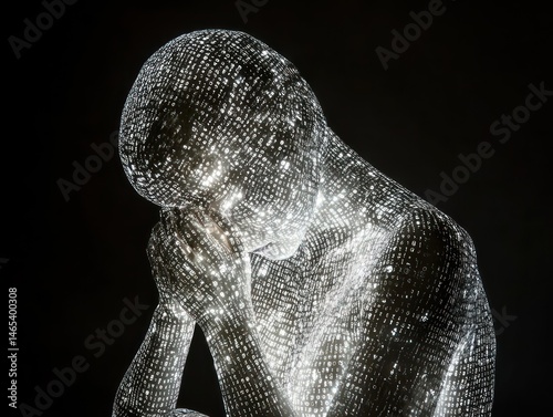  digital  entity posing in front of the camera, its form made entirely from numbers binary code
