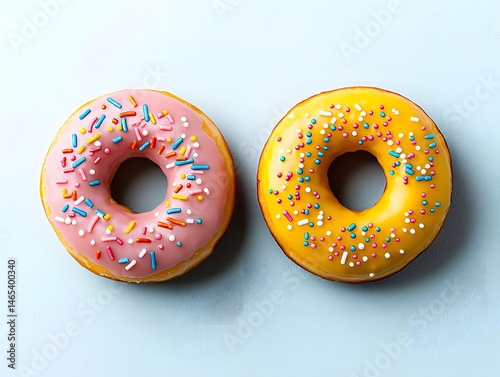 Playful sprinkle adorned donuts in a vibrant asymmetrical composition