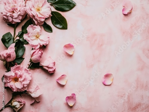 pink pastel background and fresh flowers scattered around the edges
