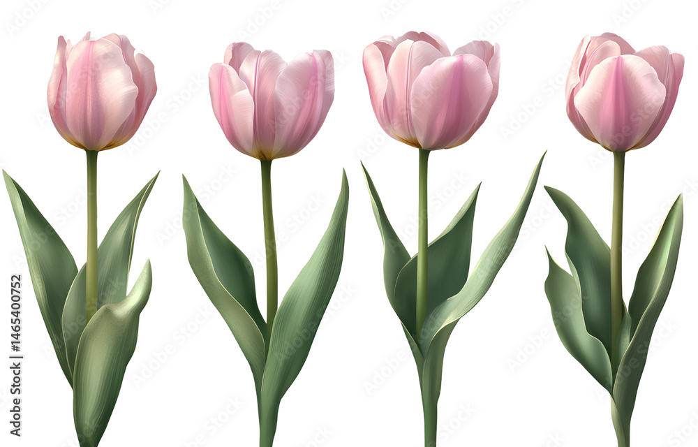 - A set of pink tulips with green leaves, isolated on a transparent background. A cutout PNG file with a white stroke effect. - A set of pink tulips with green leaves, isolated on a transparent background. A cutout PNG file with a white stroke effect.
