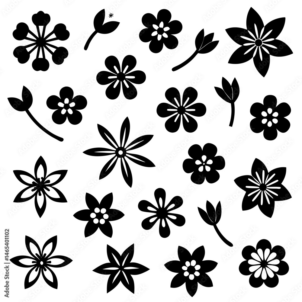 A 4x5 grid of 20 cherry blossom icons in various shades and styles, including single flowers, blooming branches, and buds, with some featuring leaves, all set against a white background A 4x5 grid of 20 cherry blossom icons in various shades and styles, including single flowers, blooming branches, and buds, with some featuring leaves, all set against a white background