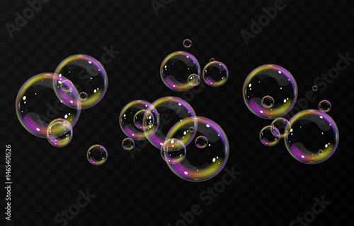 Vector realistic soap bubbles png. Flying soap bubbles on transparent background.