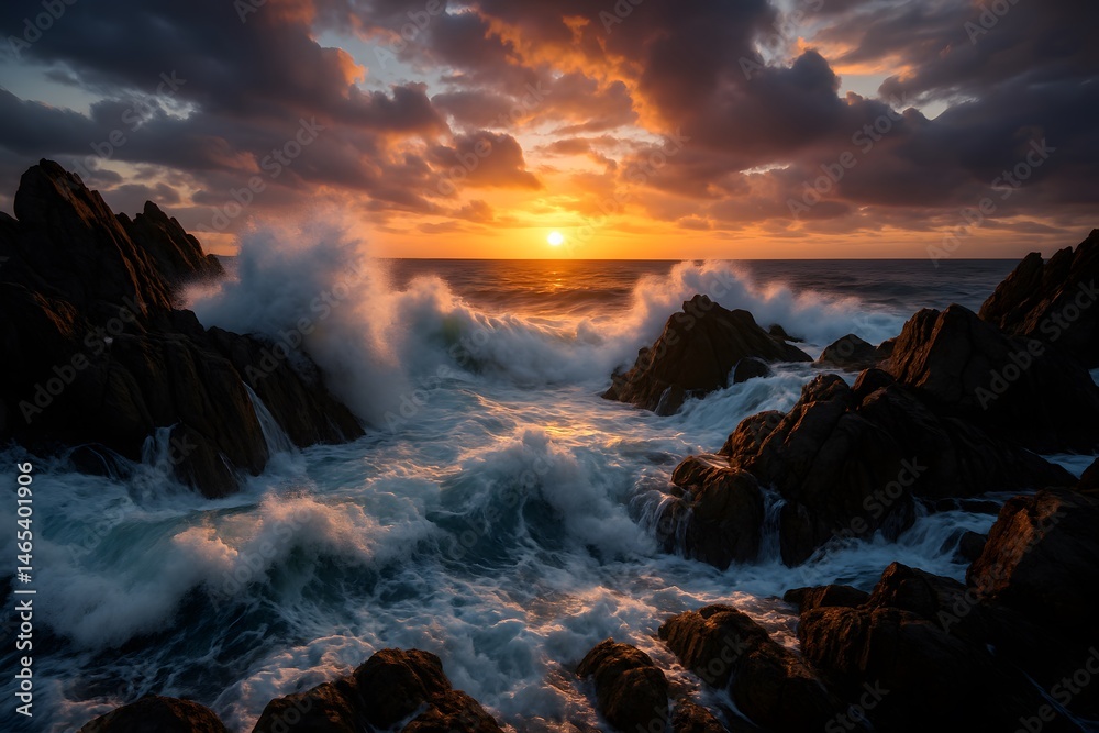 Fototapeta premium Ocean waves crashing against jagged rocks under a dramatic sky at sunset
