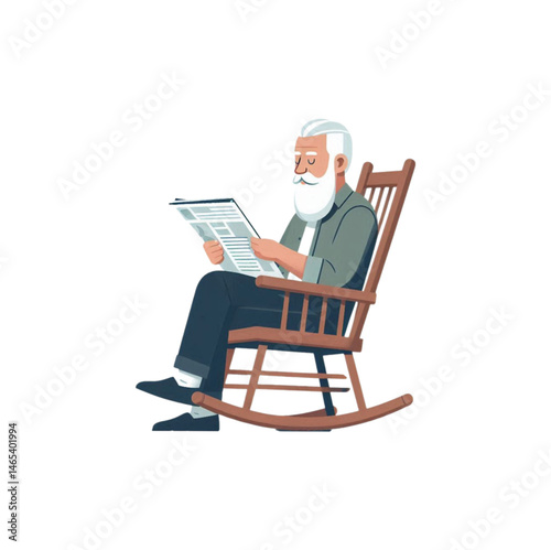 Vector illustration of a senior man with a white beard peacefully reading a newspaper while seated in a classic wooden rocking chair.