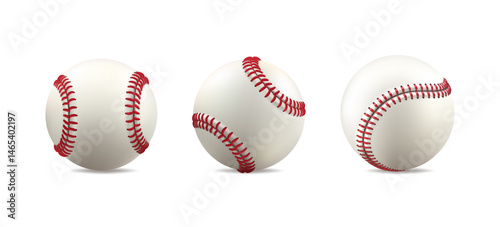 Baseball ball clipart. Set of white leather softball, vintage line of red stiches. 3d isolated vector mockup. Player equipment mockup team logo. Realistic fastball catch drawing, sport club element