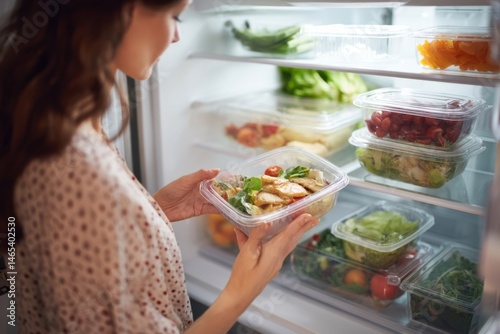 Woman selecting eco-friendly containers of delicious leftovers from a fully stocked fridge