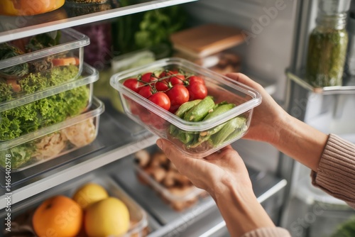 Eco-friendly containers filled with fresh leftovers in a vibrant fridge