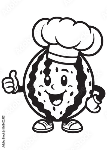 Coloring book watermelon chef with a thumbs-up and a cheerful smile. A cute culinary character.