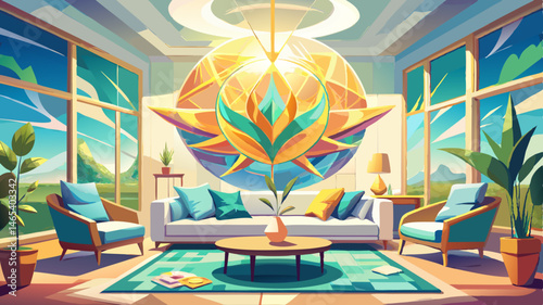 A bright and airy living room features a large abstract art piece with gold accents. Natural light floods the space, enhancing its serene and inviting .