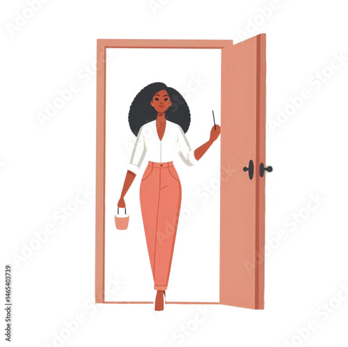 Confident young African American woman entering through an open door, wearing casual modern clothes, holding the doorknob while looking away thoughtfully. Flat vector illustration