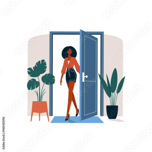 Confident young African American woman entering through an open door, wearing casual modern clothes, holding the doorknob while looking away thoughtfully. Flat vector illustration
