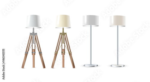 Lamp Set Closeup Isolated on White Background. Floor Lamps. Electric Torchere for Interior Design, Energy Furniture. Vector