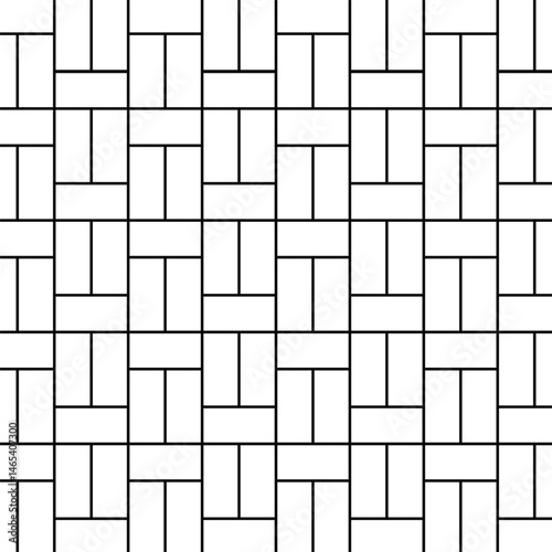 Abstract monochromatic geometric pattern of interlocking rectangles and squares. Black lattice lines create symmetrical woven grid on white. Minimalist flat vector design. Repeating, abstract.