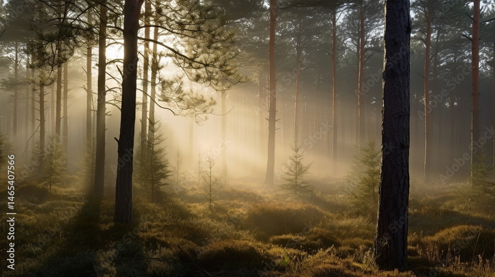 Golden sunrise in a misty pine forest Golden sunrise in a misty pine forest