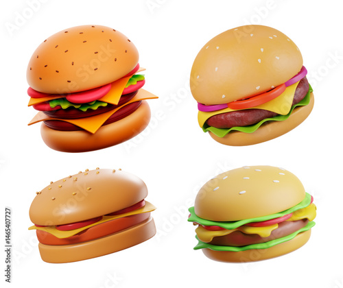 Colorful 3D Cartoon Hamburger Set with Cheese, Lettuce, Tomato, and Onion