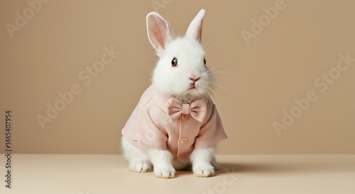 An elegant white rabbit in a pink suit and bow tie, captured in a studio shot. photo