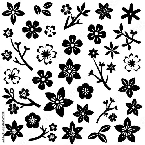 A 4x5 grid of 20 cherry blossom icons in various shades and styles, including single flowers, blooming branches, and buds, with some featuring  leaves, all set against a white background