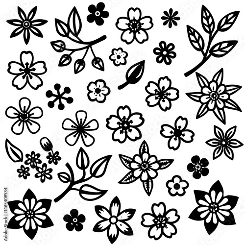 A 4x5 grid of 20 cherry blossom icons in various shades and styles, including single flowers, blooming branches, and buds, with some featuring  leaves, all set against a white background