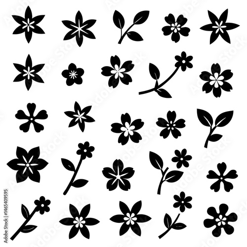 A 4x5 grid of 20 cherry blossom icons in various shades and styles, including single flowers, blooming branches, and buds, with some featuring  leaves, all set against a white background