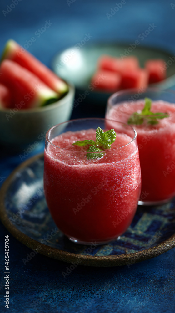 Two frozen watermelon drinks beside a bowl of melon piece on a blue background. Two frozen watermelon drinks beside a bowl of melon piece on a blue background.