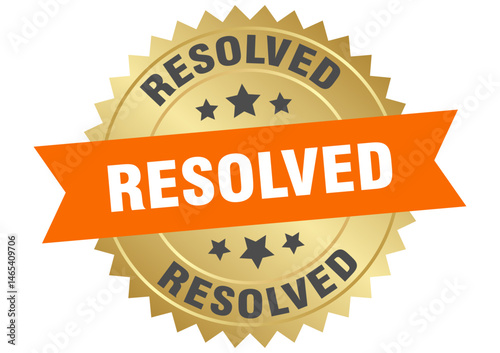 resolved. resolved round orange and gold label isolated on transparent background