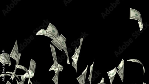 Dollar falling animation smoothly from top to bottom. Dollar bills raining animation on alpha channel. Concept of business success, inflation, rich, millionaire, lottery.