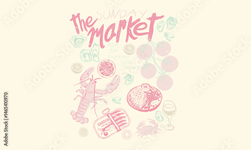 Mixed market poster design. Lobster, crab, tomato, sea shell, lemon, sardines, steak work for t shirt print, poster, sticker and other uses. Seafood club. Crab and lobster design.