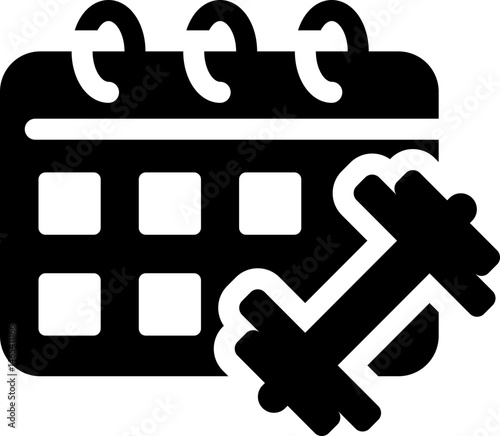 Workout schedule icon with calendar and dumbbell. Silhouette style.