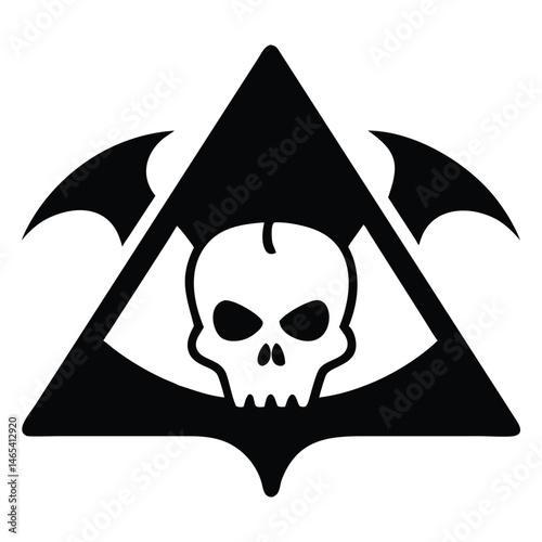 A menacing skull within a triangle flanked by stylized bat wings creates an emblem