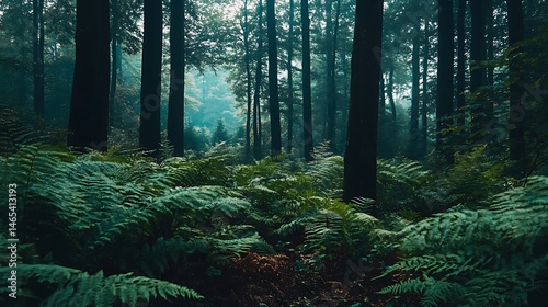 Lush fern-filled forest scene in misty ambiance.