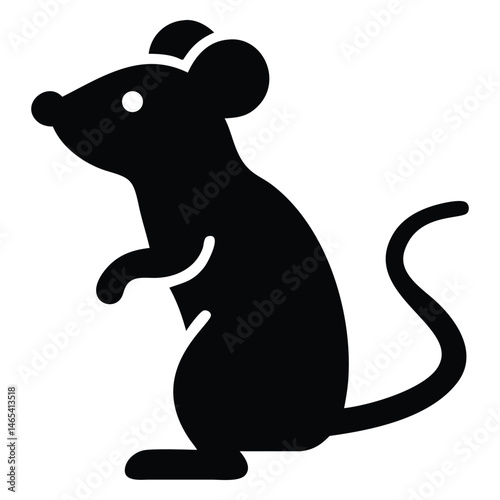 A monochrome rat silhouette stands attentively with its curved tail and small rounded ears