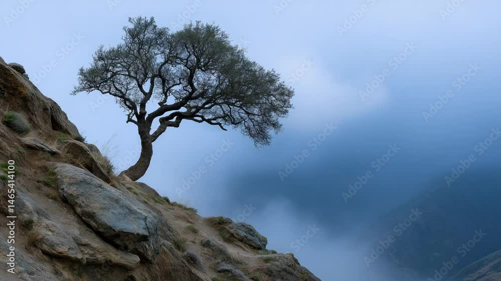 A solitary tree on a misty mountainside A solitary tree on a misty mountainside