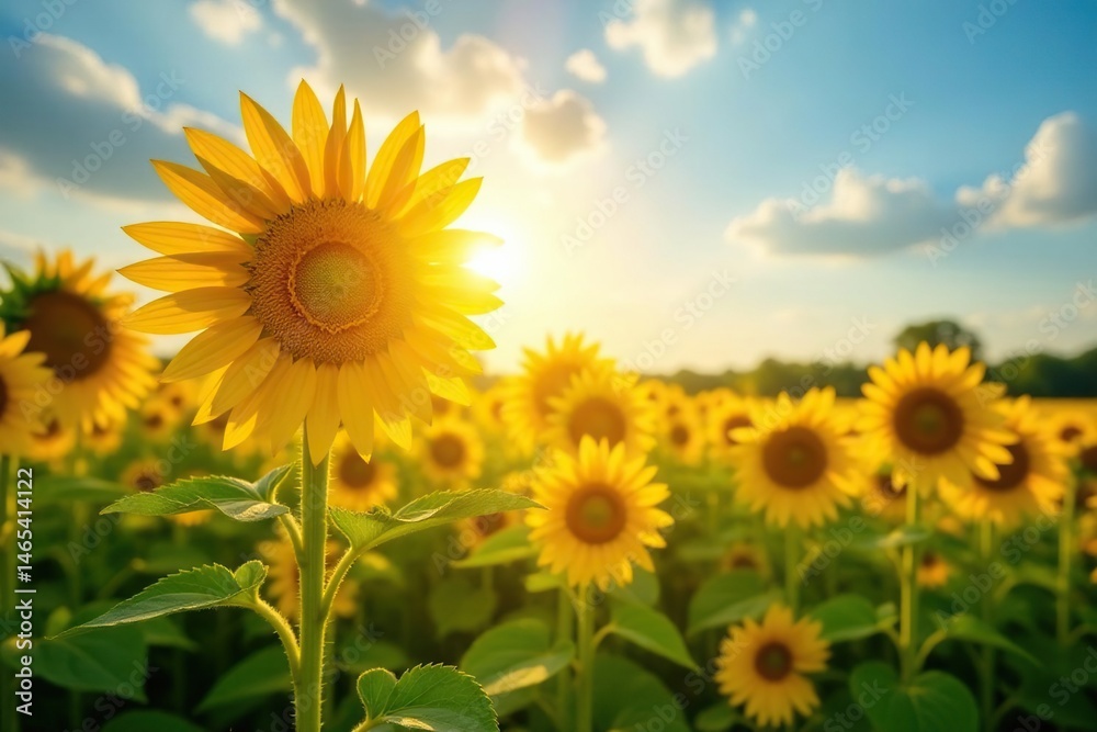 Obraz premium Tall sunflowers facing the sun in a sun-drenched field, vibrant, nature, stems