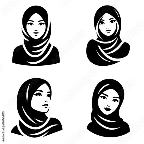 A collection of black and white vector illustrations featuring four women wearing hijabs, each with different facial expressions and poses.