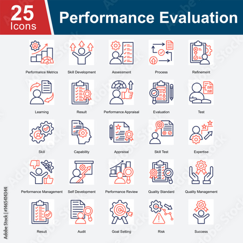 Performance Evaluation is a collection of icons focused on measuring and assessing individual and team performance, skill development, goal achievement, and quality standards to improve overall result