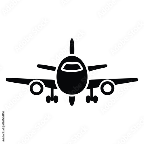 A simple black airplane illustration is shown headon, ready for takeoff or landing