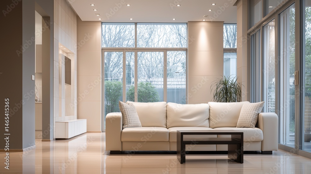 Fototapeta premium Modern living room with simple furniture, bathed in natural light. Minimalist elegance in a serene home space.