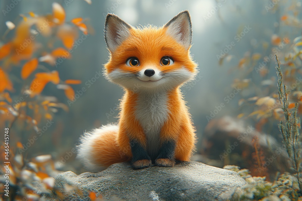 Fototapeta premium Cute fox cub sitting forest autumn rock digital art